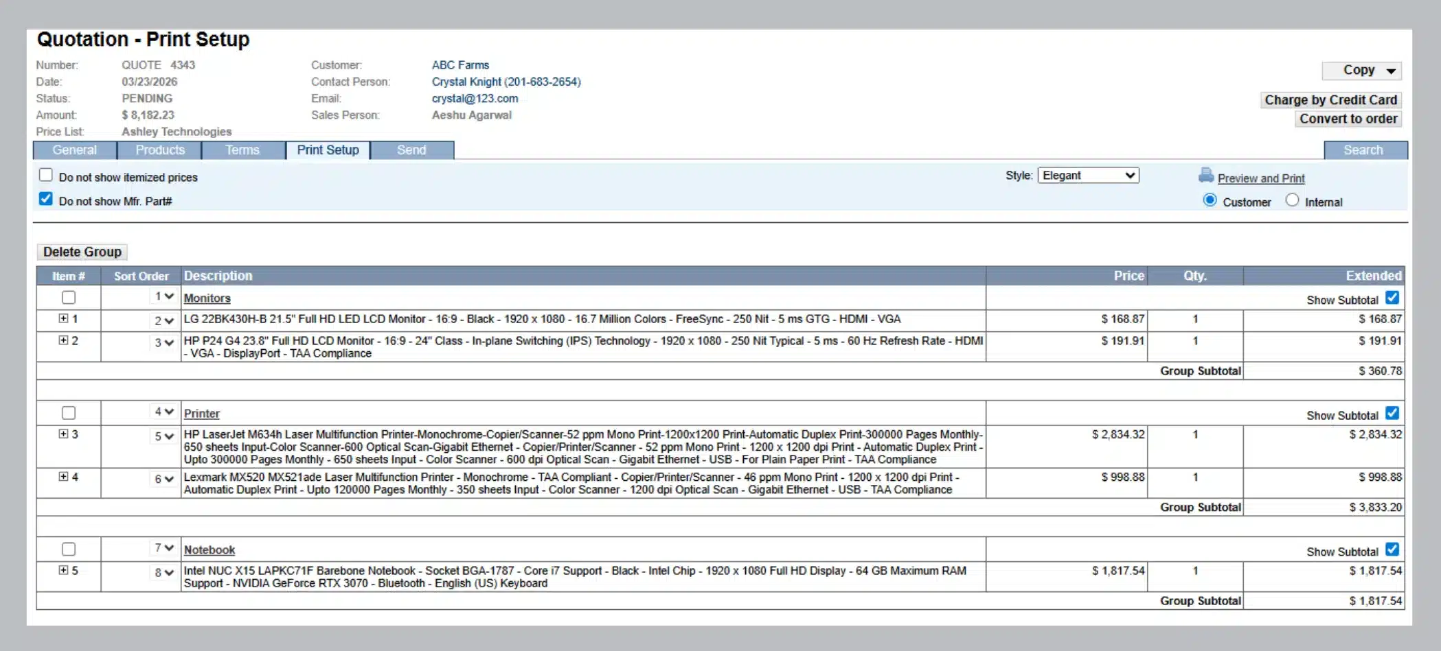 Dashboard screen Organize line items into logical groups